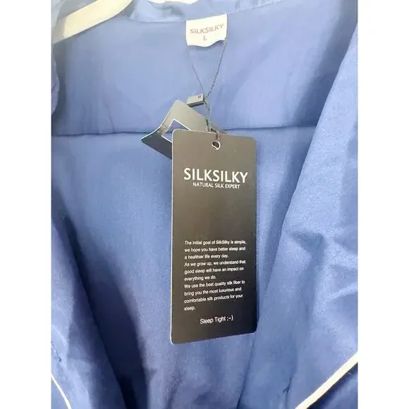 NWT 100% Silk Long Sleeve Navy Blue Pajama Set Size L - Picture 4 of 9